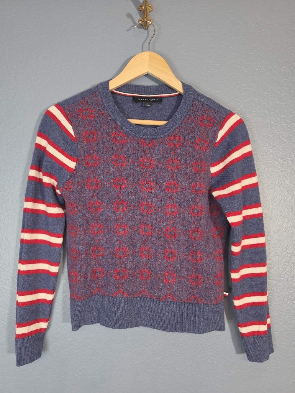 Tommy Hilfiger Blue Crewneck Sweater with Red Pattern and Striped Sleeves